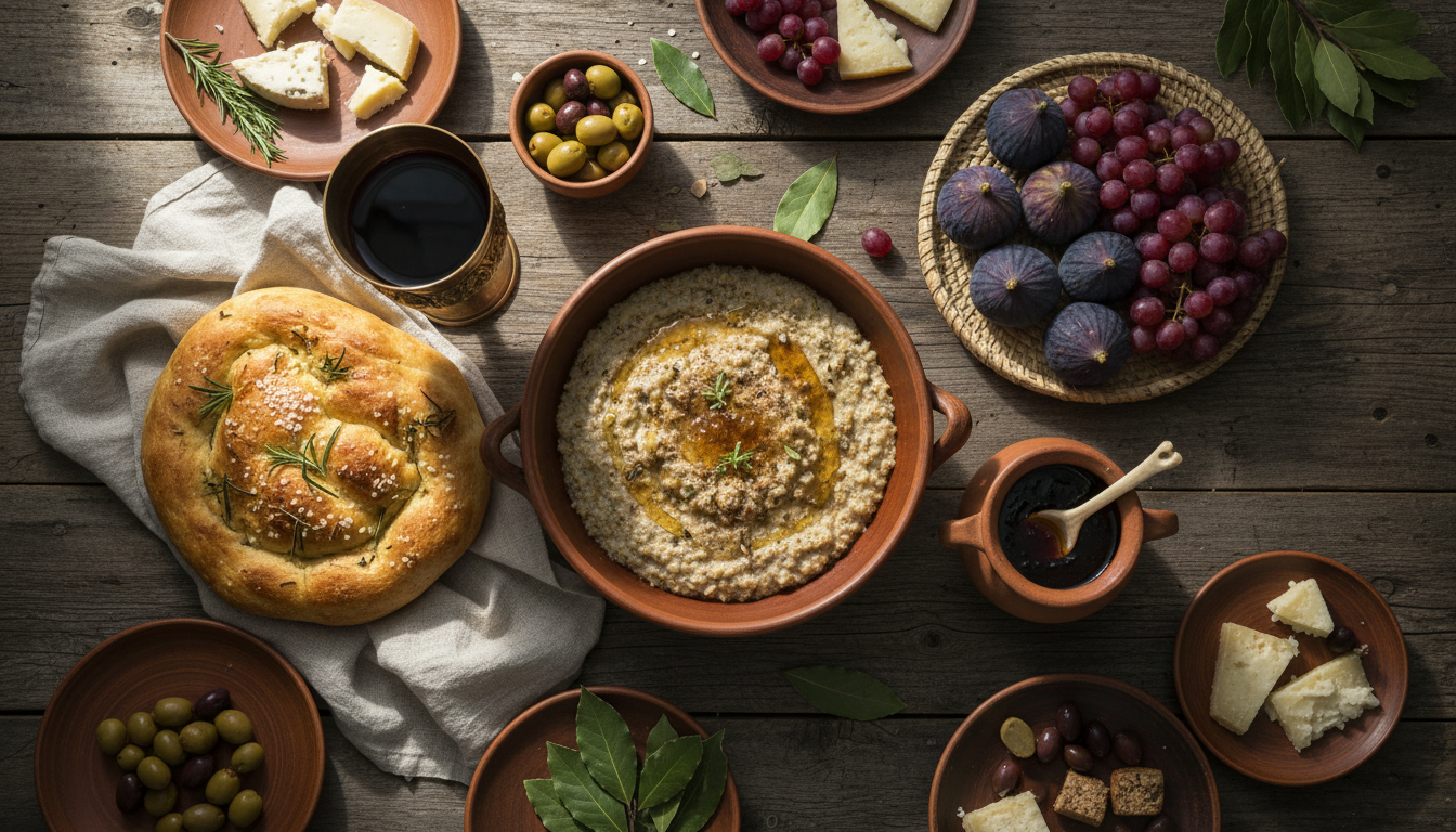 Разнообразные блюда древнеримской кухни на деревянном столе
