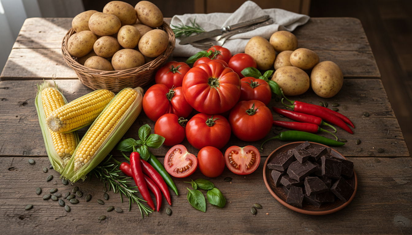 Разнообразие новых продуктов из Нового Света, таких как томаты, картофель и кукуруза, представленных на грубом деревянном столе