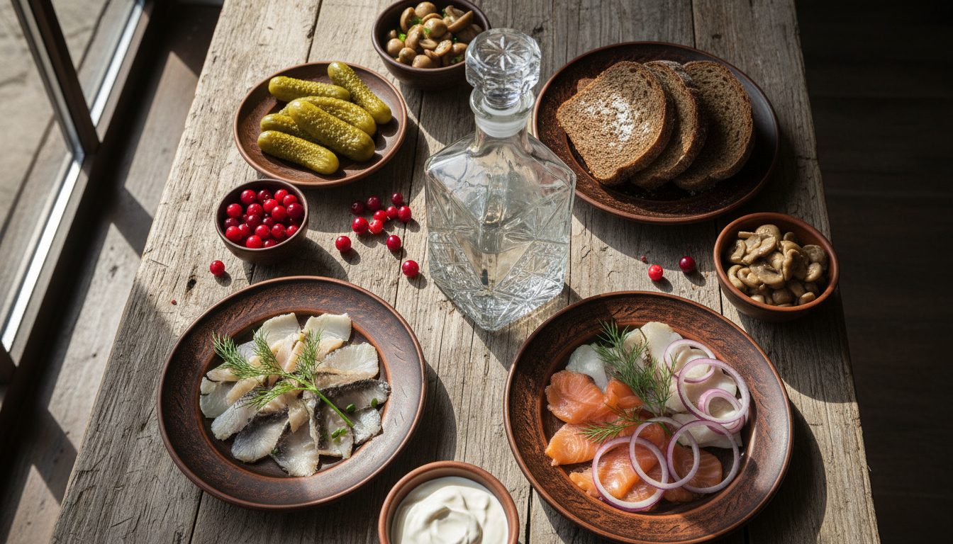 Традиционный русский стол с водкой и закусками