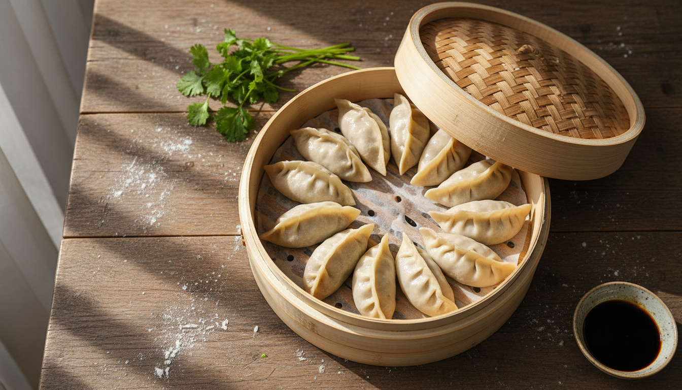 Паровые китайские пельмени (цзяоцзы) в бамбуковой пароварке