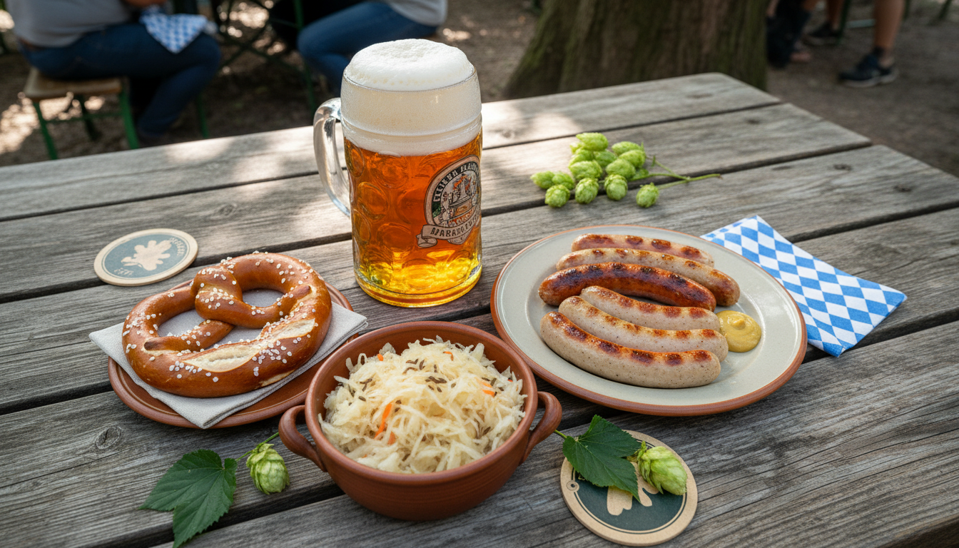 Баварский пивной стол с кружкой пива Märzen, кренделем и колбасками