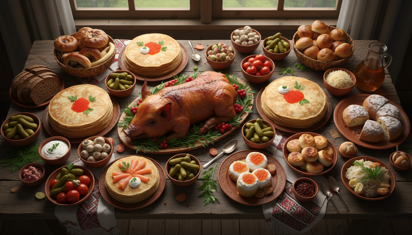 An elaborate Russian feast on a rustic wooden table, featuring traditional dishes like blini, roasted pig, and kvass, bathed in natural light.