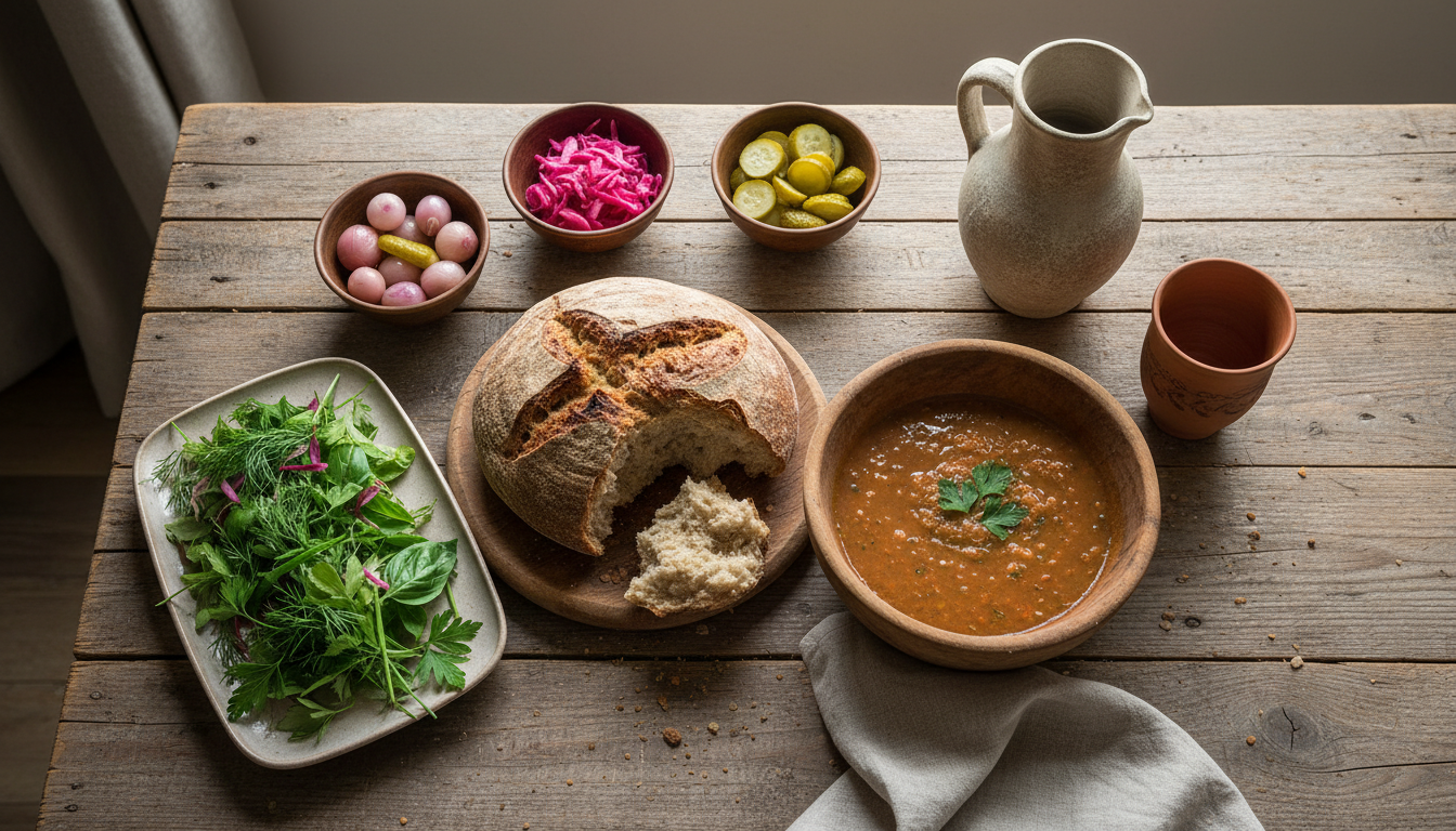 Разнообразный стол с постными блюдами монастырской кухни: хлеб, суп, соленья и свежая зелень.